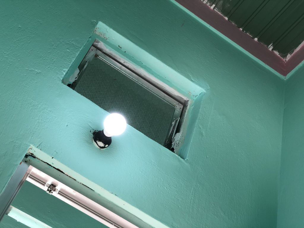 緑色に塗られたニャギーの壁とむき出しの電球