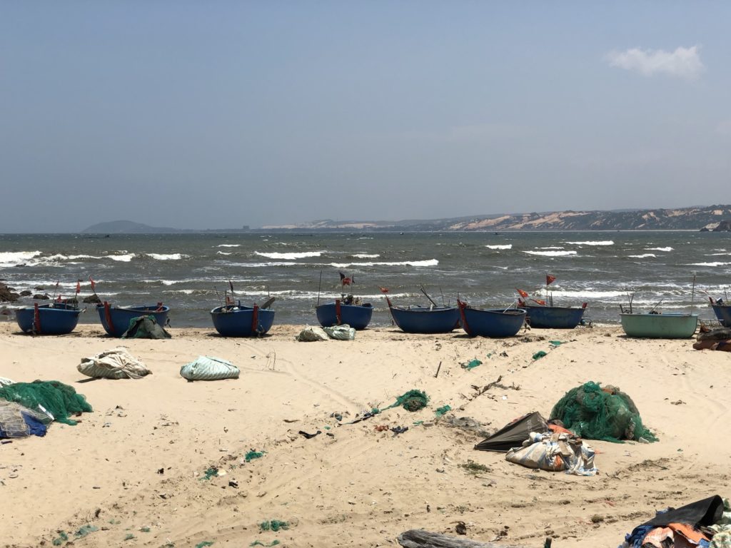 Several round boats placed on Mui Ne beach